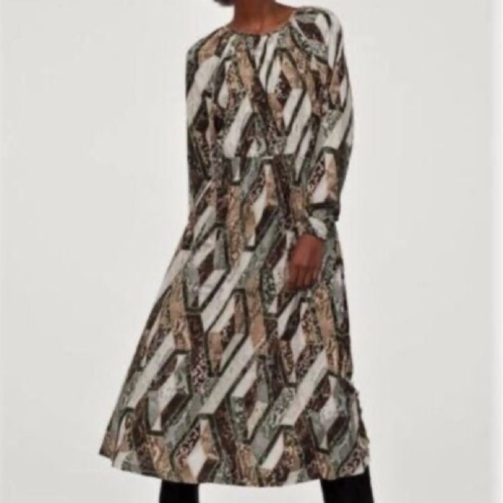 H&M Long Sleeve Geometric Dress - Cream, Brown, Black- Small